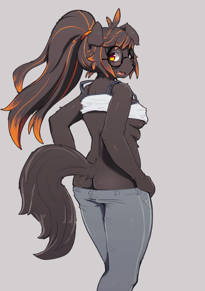 2019 antenna_hair anthro bangs bare_shoulders biped black_body black_eyewear black_fur black_hair black_nose black_tail blush bottomwear breasts butt canid canine canis clothed clothing cute_fangs digital_media_(artwork) domestic_dog eyebrow_through_hair eyebrows eyewear female floppy_ears from_behind_position fully_clothed fur glasses grey_background grey_bottomwear grey_clothing grey_pants hair hanadaiteol highlights_(coloring) kemono looking_back mammal medium_breasts monotone_body monotone_fur monotone_tail multi_breast multicolored_eyes multicolored_hair nipple_slip nipples oinu-chan_(hanadaiteol) open_mouth orange_hair pants pink_nipples pink_tongue red_eyes round_glasses sex shirt simple_background small_breasts solo standing tank_top tongue topwear translucent translucent_hair two_tone_eyes two_tone_hair under_boob white_clothing white_topwear yellow_eyes