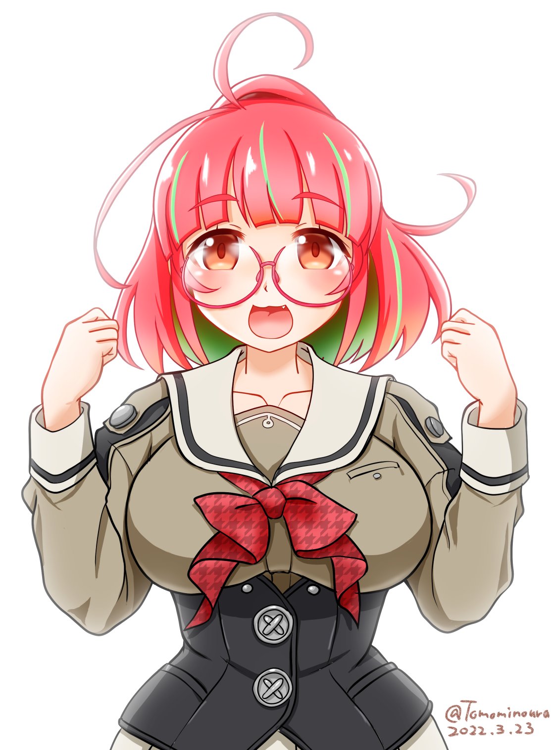 1girl ahoge blouse bow bowtie breasts corset dated eyebrows_visible_through_hair glasses green_blouse green_hair grey_sailor_collar grey_skirt highres juliet_sleeves kantai_collection large_breasts long_sleeves multicolored_hair open_mouth pink-framed_eyewear pink_hair ponytail puffy_sleeves red_bow red_eyes sailor_collar sailor_shirt school_uniform serafuku shirt short_hair simple_background skirt smile solo streaked_hair twitter_username ume_(kancolle) ura_tomomi white_background