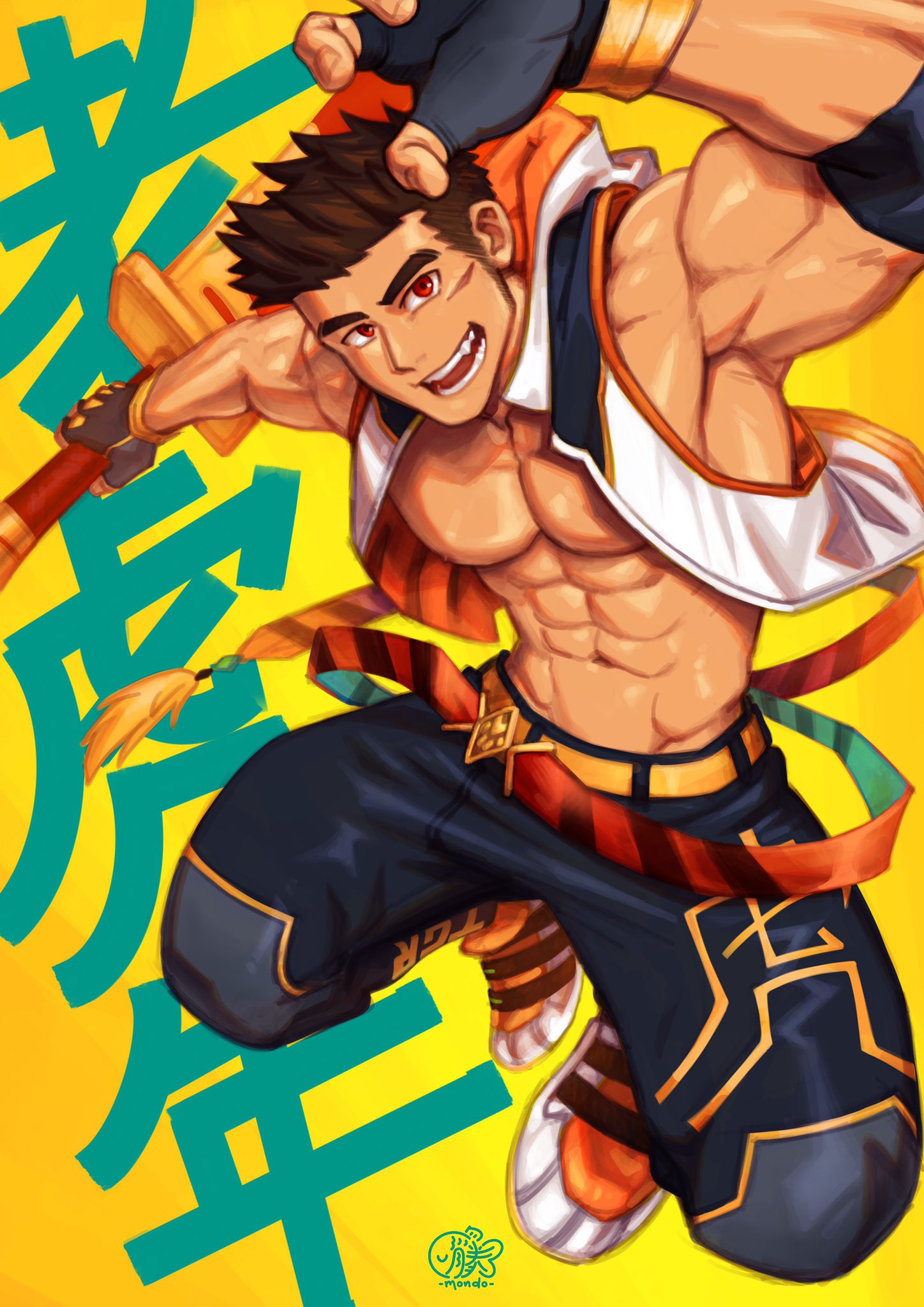 1boy abs armpits artist_name bara belt biceps brown_hair gloves highres jacket large_pectorals logo long_sideburns looking_at_viewer male_focus manly mondoart1 muscular muscular_male nipples open_mouth original pants pectorals red_eyes scar scar_on_cheek scar_on_face shoes sideburns smile solo sword text_focus thick_arms thick_eyebrows topless topless_male tusks weapon