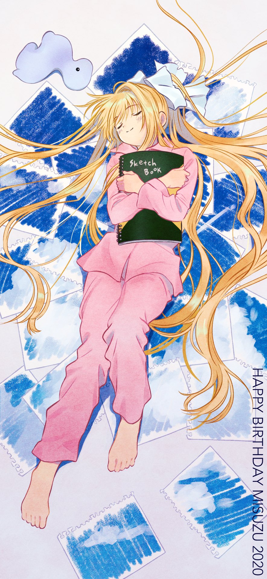 1girl 2020 air barefoot blonde_hair book character_name closed_mouth full_body hair_ribbon happy_birthday highres kamio_misuzu long_hair nabeta_(currynabe) ponytail ribbon smile solo very_long_hair