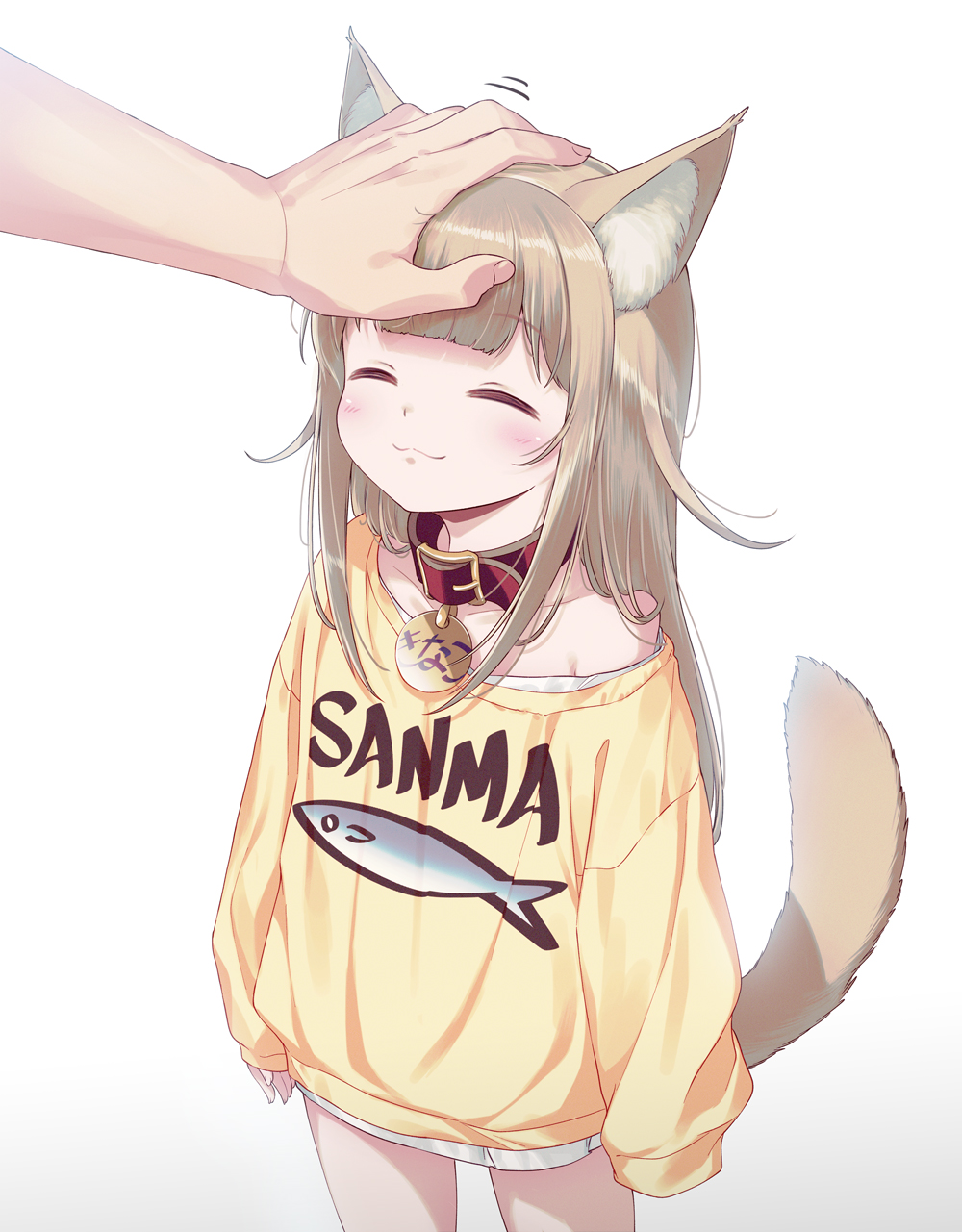 2022 40hara :3 animal_humanoid cat_humanoid child clothed clothing disembodied_hand duo eyes_closed felid felid_humanoid feline feline_humanoid female hair hi_res humanoid kinako_(40hara) mammal mammal_humanoid petting shirt simple_background smile solo_focus tan_hair topwear white_background young