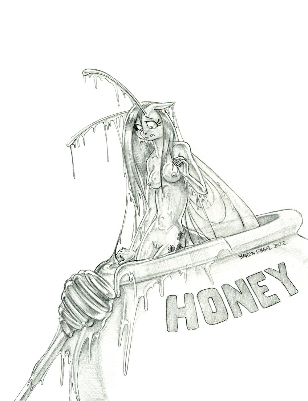 alternate_species antennae_(anatomy) anthro areola baron_engel breasts breezie_(mlp) cutie_mark ears_down english_text equid eyebrows eyelashes fairy female fluttershy_(mlp) food friendship_is_magic genitals graphite_(artwork) greyscale hair hasbro hi_res honey_(food) insect_wings long_hair looking_down mammal messy monochrome my_little_pony navel nipples nude pencil_(artwork) pivoted_ears pussy solo text traditional_media_(artwork) wings