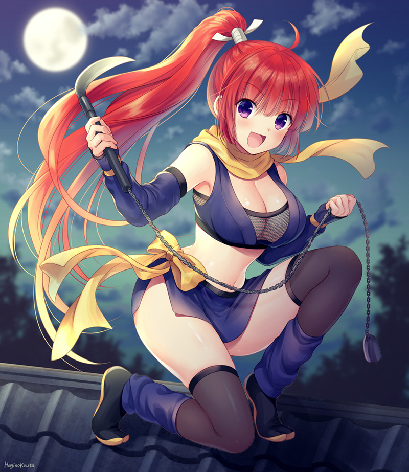 1girl :d bangs black_footwear blonde_hair blue_gloves blue_skirt blurry blurry_background bow breasts brown_legwear cleavage cloud cloudy_sky commission depth_of_field duplicate elbow_gloves eyebrows_visible_through_hair fingerless_gloves fishnets full_moon gloves gradient_hair hagino_kouta hair_between_eyes high_ponytail holding holding_weapon kusarigama long_hair looking_at_viewer medium_breasts moon multicolored_hair navel night night_sky ninja one_knee original outdoors pixel-perfect_duplicate ponytail purple_eyes red_hair scarf shoes sickle sidelocks skeb_commission skirt sky smile solo thighhighs very_long_hair weapon yellow_bow yellow_scarf