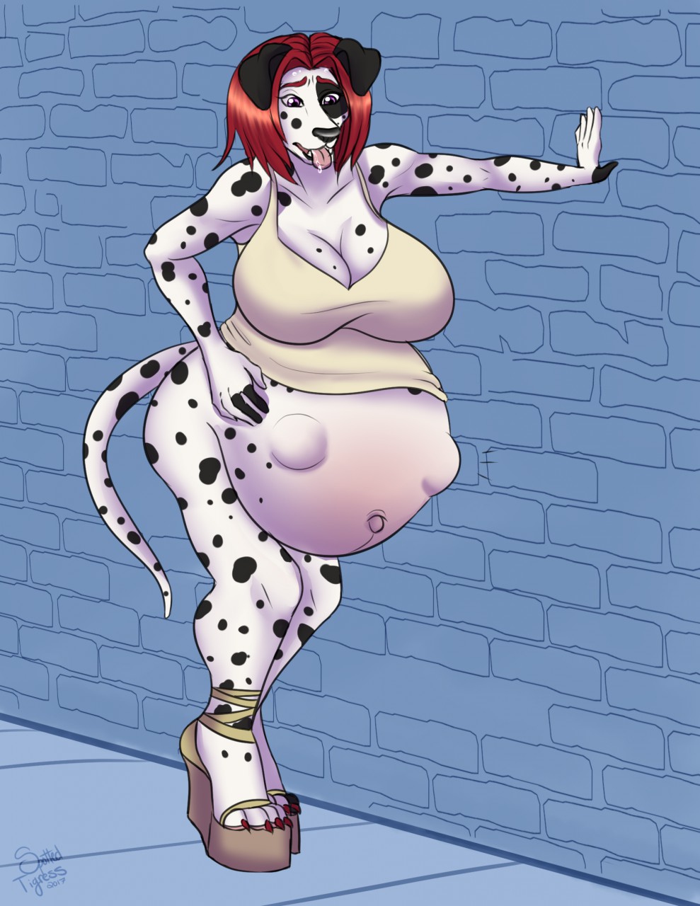 anthro breasts canid canine canis cleavage clothed clothing dalmatian domestic_dog female hair hi_res high_heels mammal platform_footwear platform_heels pregnant sammie_(spyingredfox) solo spottedtigress