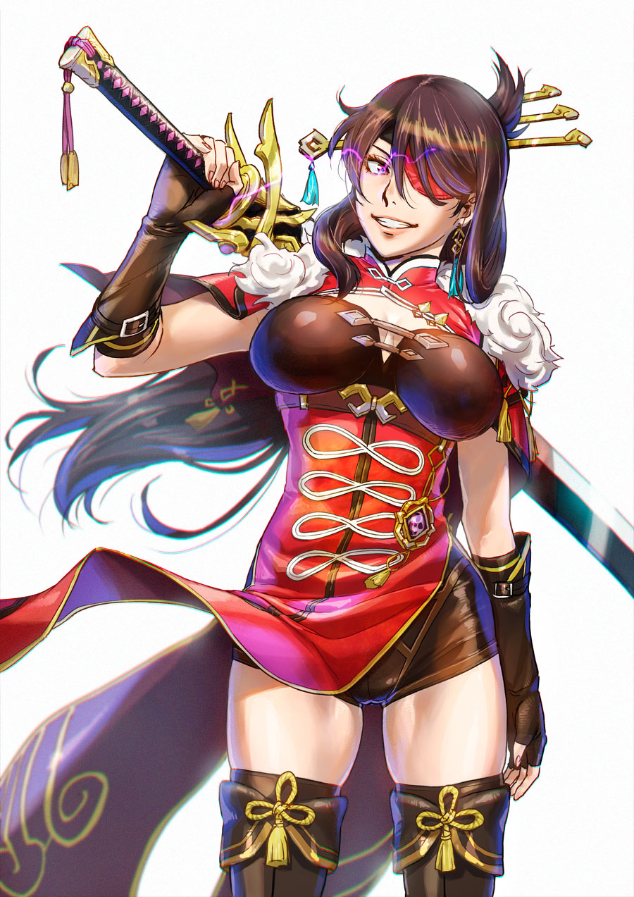 1girl azasuke beidou_(genshin_impact) boots breasts brown_footwear brown_gloves brown_hair brown_shorts cowboy_shot eye_trail eyepatch fingerless_gloves folded_ponytail genshin_impact gloves grin hair_ornament hair_stick highres large_breasts looking_at_viewer one_eye_covered pelvic_curtain purple_eyes short_shorts shorts simple_background skindentation smile solo standing tassel thigh_boots thighhighs white_background