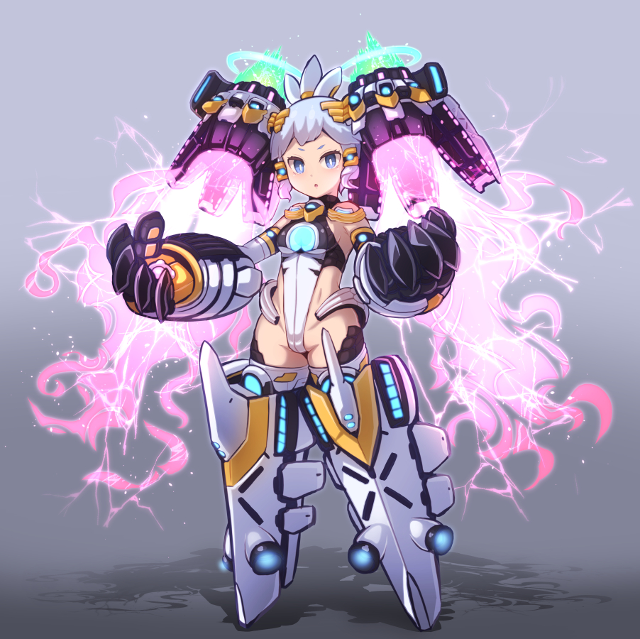 1girl :o armor blue_eyes breasts commentary_request divine_arsenal_aa-zeus_-_sky_thunder duel_monster full_body garoudo_(kadouhan'i) gauntlets genderswap genderswap_(mtf) grey_background grey_hair looking_at_viewer mecha_musume personification small_breasts solo standing yu-gi-oh!