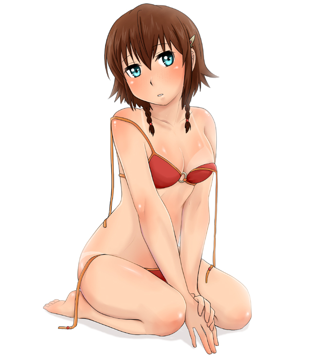 1girl amy_(suisei_no_gargantia) bare_shoulders barefoot blue_eyes blush breasts brown_hair full_body hair_ornament hairclip looking_at_viewer navel sato_non short_hair simple_background solo strap_slip suisei_no_gargantia swimsuit tan tanlines white_background