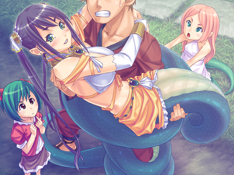 1boy 3girls bikini blue_hair breasts child day faceless faceless_male from_above game_cg grabbing grass green_eyes hair_tassel hands_on_another's_shoulders head_out_of_frame holding_person lamia leg_wrap lifted_by_another long_hair looking_at_viewer looking_up mamonomusume_to_no_seikatsu_~ramia_no_baai~ monster_girl multiple_girls orange_skirt outdoors pink_hair purple_hair skirt snake_tail solo_focus struggling swimsuit tail teeth white_bikini