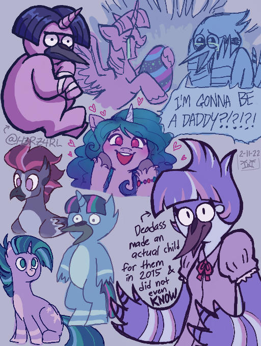 1_horn 2022 ambiguous_gender anthro avian bird blue_body blue_hair blue_jay cartoon_network clothed clothed/nude clothing corvid dialogue dress egg equid equine female friendship_is_magic group hair hasbro horn horse hybrid jay_(bird) male mammal mordecai_(regular_show) mordetwi multicolored_hair my_little_pony new_world_jay nude oscine parent parent_and_child passerine pony purple_body purple_hair regular_show speech_bubble starmanshine twilight_sparkle_(mlp) what what_has_art_done what_has_science_done winged_unicorn wings