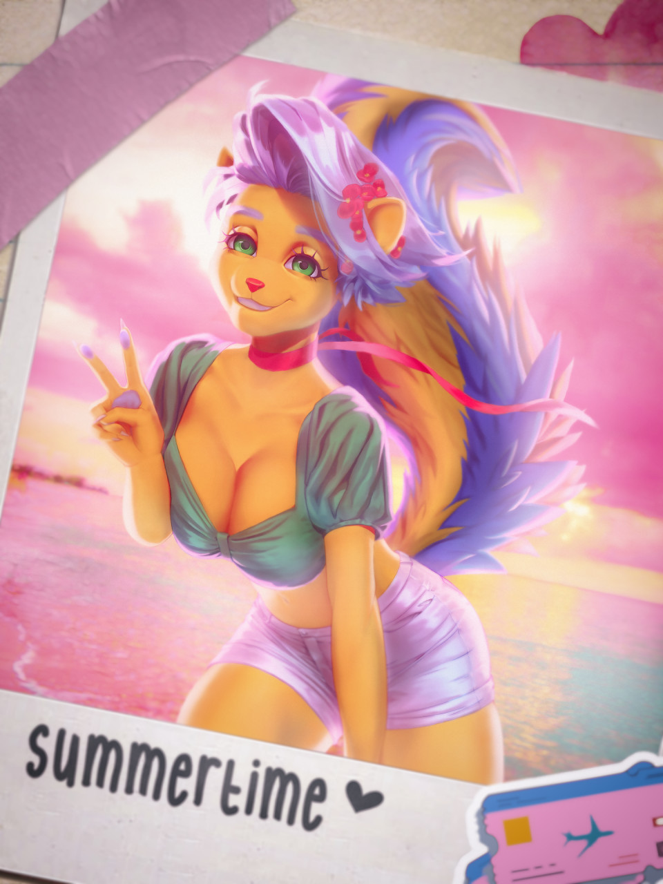 anthro beach bottomwear breasts clothed clothing detailed_background digital_media_(artwork) english_text female flowers_in_hair fur hair hi_res invalid_tag mammal mephitid multi_tail multicolored_body multicolored_fur outside photo pinkerie polaroid sand sea seaside shorts skunk sky smile solo summer text travel water ych_(character)