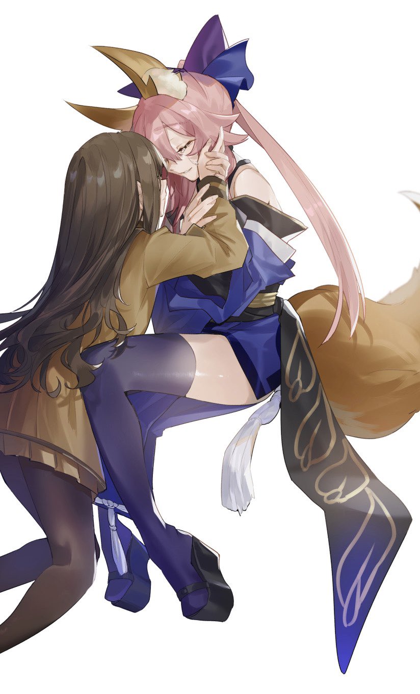 2girls animal_ear_fluff animal_ears bangs bare_shoulders blue_bow blue_kimono blue_legwear bow closed_eyes commentary_request crying detached_sleeves eyebrows_visible_through_hair fate/extra fate_(series) fox_ears fox_girl fox_tail full_body hand_on_another's_face highres hino_hinako holding_hands japanese_clothes kimono kishinami_hakuno_(female) long_hair long_sleeves multiple_girls obi pantyhose platform_footwear sash sidelocks split_ponytail tail tamamo_(fate) tamamo_no_mae_(fate/extra) thighhighs tsukumihara_academy_uniform_(fate/extra) white_background zettai_ryouiki