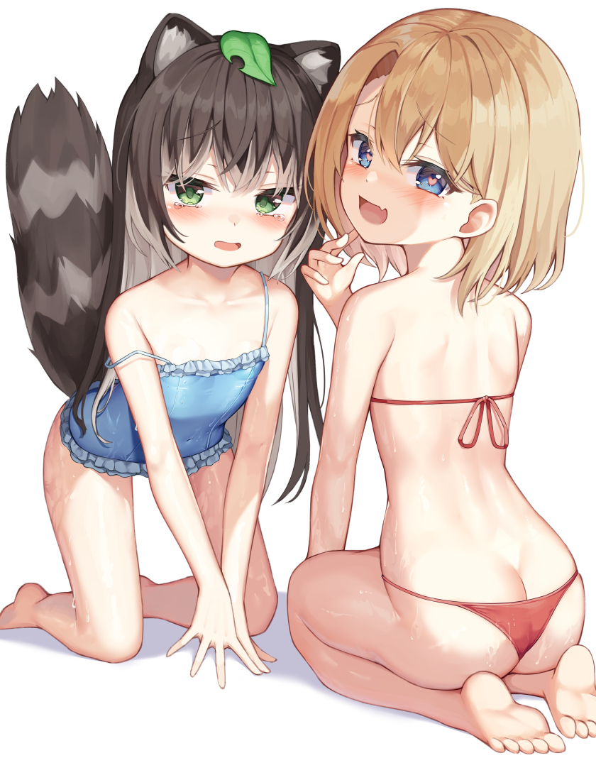 2girls :d all_fours animal_ear_fluff animal_ears back bangs bare_arms bare_legs barefoot bikini blonde_hair blue_eyes blue_swimsuit blush brown_hair butt_crack eyebrows_visible_through_hair fang flat_chest from_behind green_eyes heart heart-shaped_pupils leaf long_hair looking_at_viewer looking_back mannack medium_hair multicolored_hair multiple_girls one-piece_swimsuit original raccoon_ears raccoon_girl raccoon_tail red_bikini seiza sitting skin_fang smile strap_slip streaked_hair swimsuit symbol-shaped_pupils tail tail_raised v_arms wet