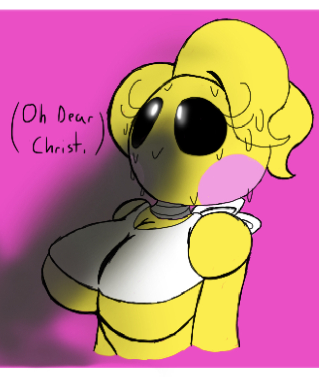 animatronic anthro avian batzcave big_breasts bird breasts canid chicken clothed clothing digital_media_(artwork) duo erection female five_nights_at_freddy's five_nights_at_freddy's_2 galliform gallus_(genus) gynomorph gynomorph/female humanoid intersex intersex/female machine male male/female mammal not_furry phasianid robot scottgames simple_background smile solo text toy_chica_(fnaf) video_games