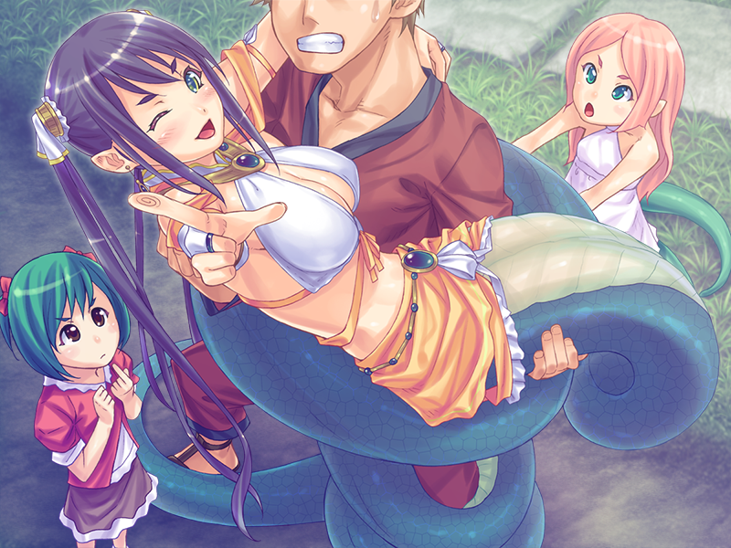 1boy 3girls bare_shoulders blue_hair bra breasts bubuzuke carrying child clenched_teeth earrings from_above grass green_eyes head_out_of_frame holding_person jewelry lamia lamia_hygieia lifting looking_at_viewer looking_up mamonomusume_to_no_seikatsu_~ramia_no_baai~ monster_girl multiple_girls one_eye_closed open_mouth orange_skirt pointing pointing_at_viewer scales skirt solo_focus sweat tail teeth underwear white_bra