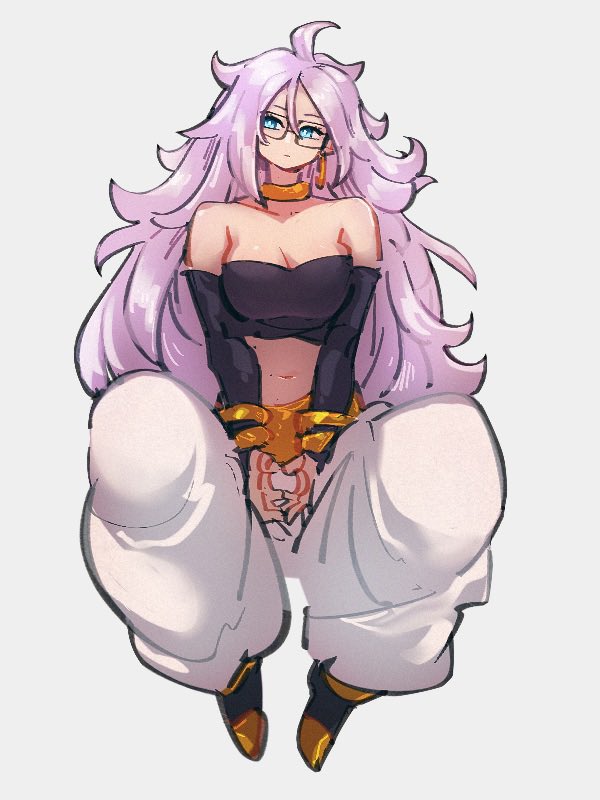 1girl android_21 bare_shoulders blue_eyes breasts cleavage dragon_ball dragon_ball_fighterz full_body glasses grey_background hair_between_eyes kemachiku long_hair majin_android_21 midriff navel pink_hair simple_background solo