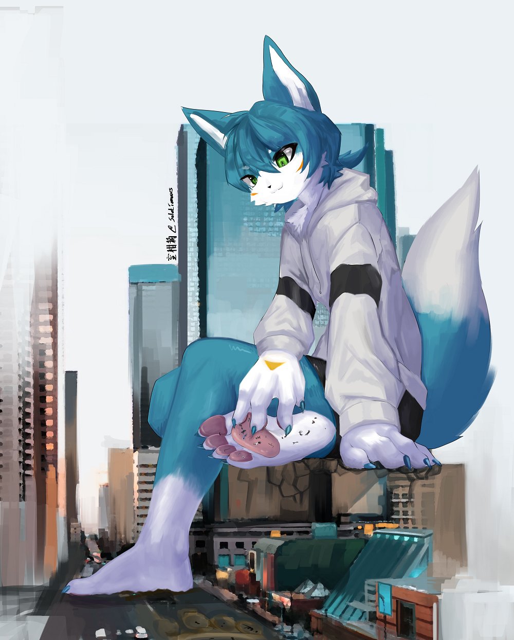 4_toes anthro barefoot building city clothed clothing destruction feet green_eyes hand_on_paw hi_res looking_down macro male mammal micro pawpads paws sitting soles solo solutionwcs toes unknown_species
