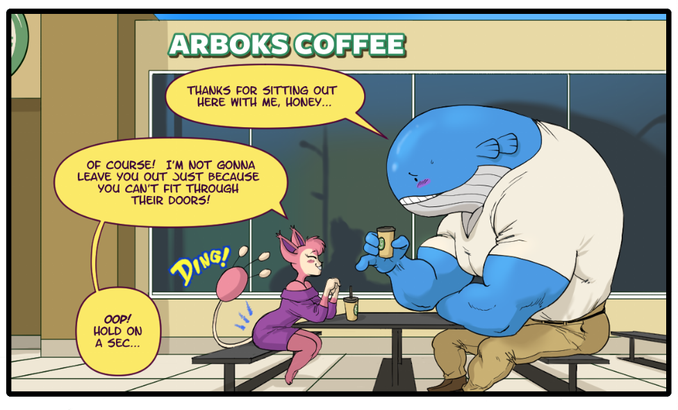 anthro beverage blush clothed clothing coffee dialogue duo english_text female larger_male male male/female nintendo phone pok&eacute;mon pok&eacute;mon_(species) sirartwork size_difference skitty smaller_female text tinder_skitty tinder_wailord video_games wailord