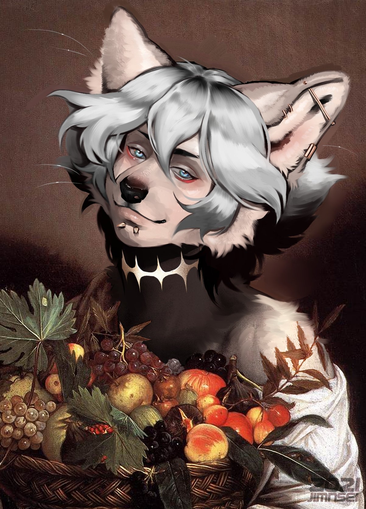 andromorph anthro arctic_wolf black_body black_fur blush brown_background canid canine canis cheek_tuft ear_piercing ear_ring facial_piercing facial_tuft food fruit fruit_basket fur grape grey_body grey_fur grey_hair hair half-closed_eyes hi_res inner_ear_fluff intersex jimnsei jimnsei_(character) lip_piercing mammal multicolored_body multicolored_fur multicolored_hair narrowed_eyes neck_scar peach_(fruit) pear piercing plant scar shoulder_tuft simple_background smile snakebite_piercing solo tuft two_tone_body two_tone_fur two_tone_hair whiskers wolf