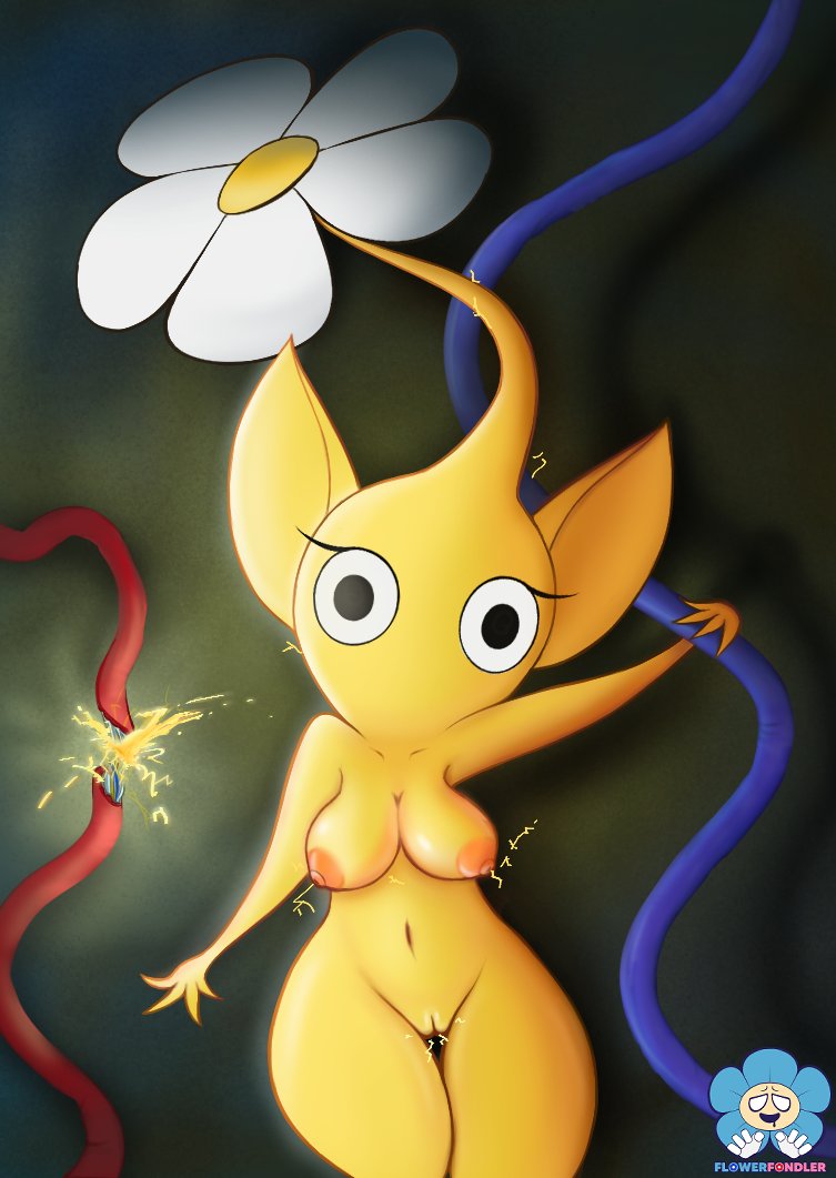 2022 breasts electricity electrostimulation elemental_creature female flora_fauna genitals humanoid humanoid_pointy_ears mouthless nintendo nipples not_furry nude pikmin pikmin_(species) plant portrait pussy solo swizzle three-quarter_portrait video_games yellow_body yellow_pikmin