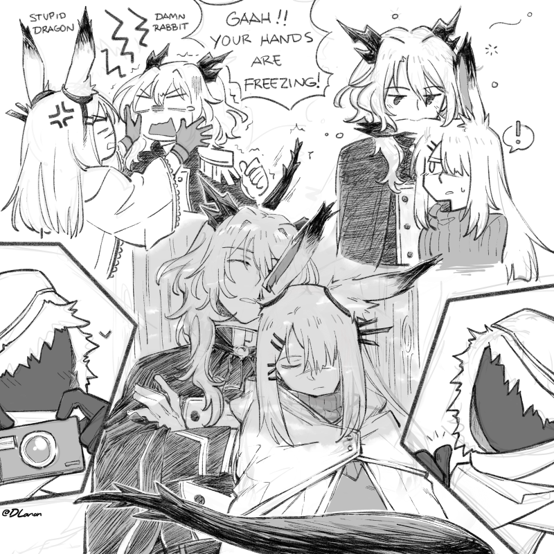 ! 2girls 2others alternate_costume anger_vein animal_ears arknights biting buttons camera cape coat crossed_arms dlanon dragon_girl dragon_horns dragon_tail ear_biting ear_ornament english_text eyebrows_visible_through_hair frostnova_(arknights) fur-trimmed_hood fur_trim gloves greyscale hair_ornament hairclip heart height_difference holding holding_camera hood hood_up horns long_hair long_sleeves monochrome multiple_girls multiple_others open_mouth rabbit_ears ribbed_sweater simple_background sleeping speech_bubble spoken_exclamation_mark sweater tail tail_wrap talulah_(arknights) turtleneck turtleneck_sweater white_background yuri