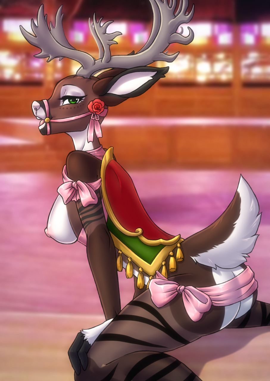 anthro bell breasts brown_body brown_fur butt cervid clothed clothing female fluffy fluffy_tail fur green_eyes hi_res horn mammal mrrrn nipples open_mouth open_smile partially_clothed smile solo white_body white_fur