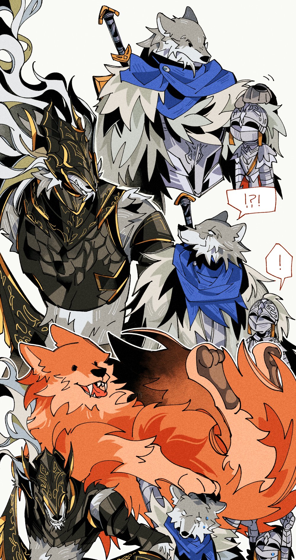 1other 2boys ambiguous_gender animal armor blaidd_the_half-wolf bloody_wolf_(elden_ring) breastplate cloak covered_eyes drenched-in-sunlight elden_ring full_armor fur_cloak hand_on_another's_head helmet highres maliketh_the_black_blade multiple_boys red_wolf_of_radagon simple_background sweatdrop tarnished_(elden_ring) upper_body weapon weapon_on_back white_background wolf wolf_boy
