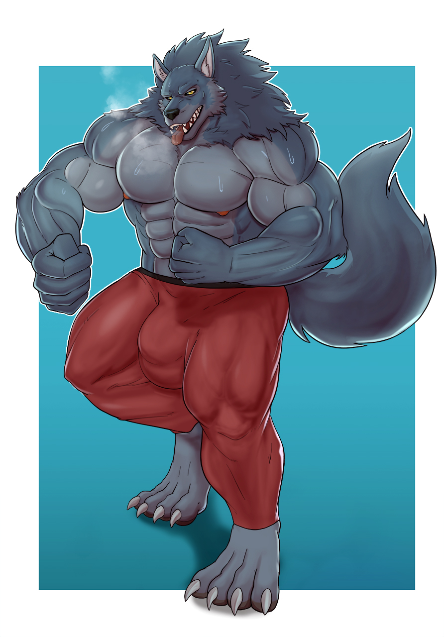 abs anthro biceps big_bulge big_muscles breath bulge canid canine canis claws clothing enigma_(daltenigma) fangs flasker fur grey_body grey_fur hi_res leggings legwear looking_at_viewer male mammal muscular nipples pecs simple_background solo tongue tongue_out wolf yellow_eyes