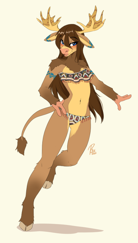 3_fingers anthro antlers blizzard_entertainment bovid bovine breasts brown_body brown_fur brown_hair eyebrows eyelashes female fingers fur hair hooves horn long_hair mammal midriff navel smile solo tauren video_games warcraft wolflady