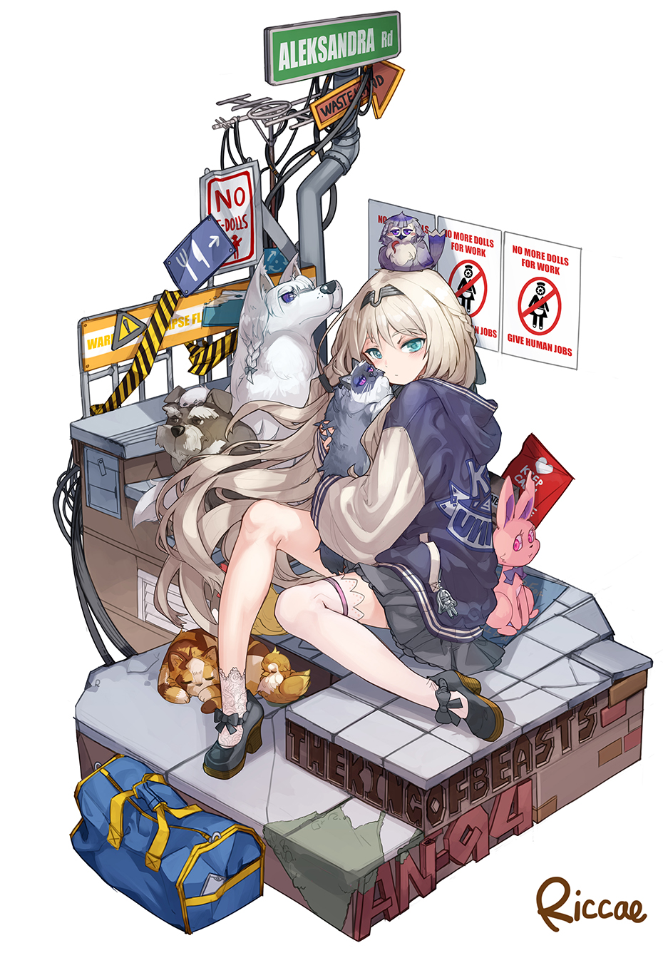 1girl an-94_(girls'_frontline) animal_ears animal_hug animal_on_head artist_request asymmetrical_legwear bag bangs bird black_footwear black_skirt blonde_hair blush braid braided_ponytail bunny cat_ears caution_tape character_name closed_mouth dog_tags duffel_bag english_text full_body girls'_frontline green_eyes headband high_heels highres hood hood_down keep_calm_and_carry_on korean_commentary long_hair long_sleeves looking_at_viewer mismatched_legwear on_head pipes poster_(object) radio_antenna riccae road_sign sign simple_background single_sock single_thighhigh sitting skirt socks solo stairs thighhighs very_long_hair warning_sign white_background white_legwear
