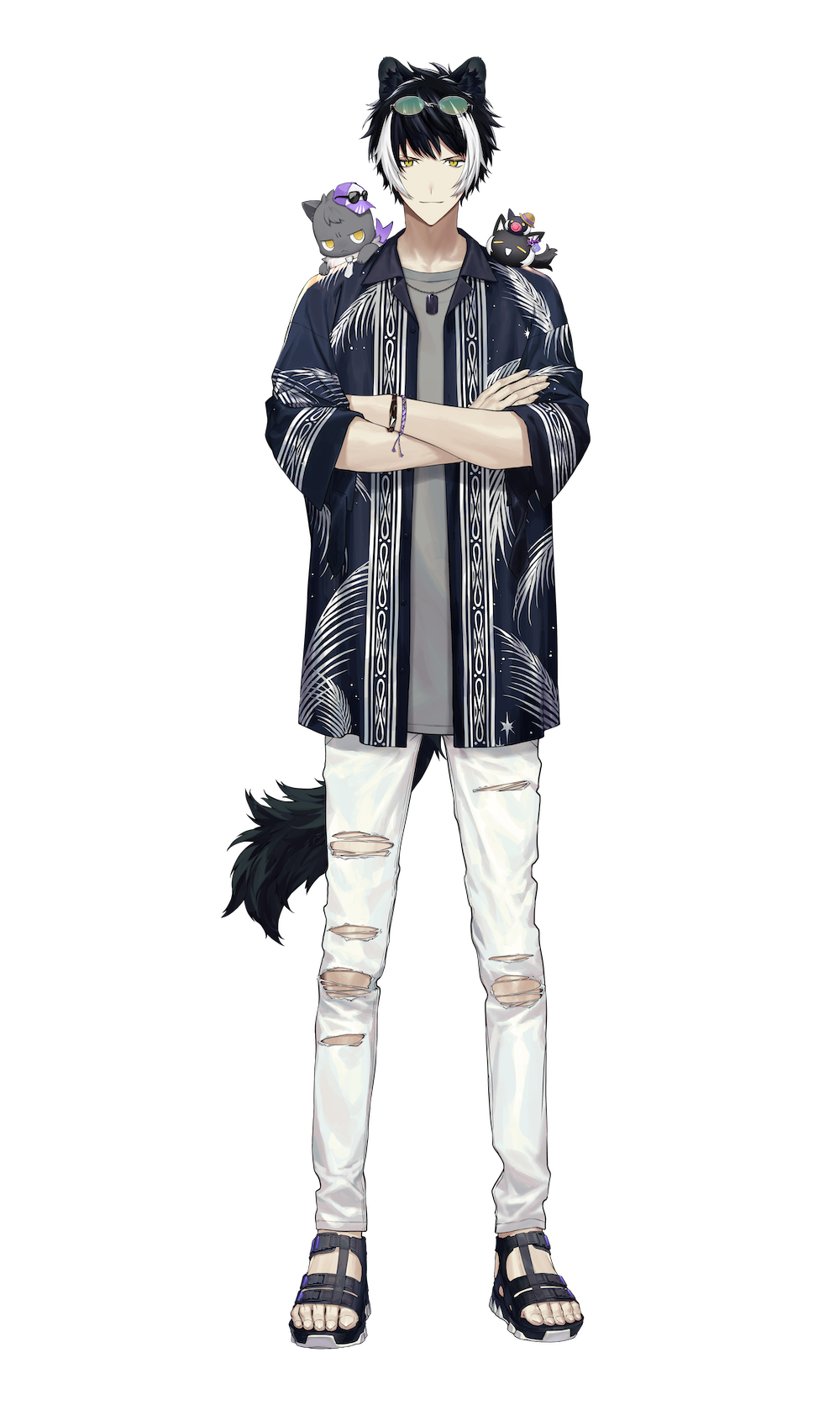 1boy animal_ears animal_on_shoulder bangs black_footwear black_hair bracelet creature creature_on_shoulder crossed_arms dog_tags eyewear_on_head fingernails full_body grey_cat grey_shirt hawaiian_shirt highres holostars jackal_boy jackal_ears jackal_tail jewelry kageyama_shien light_smile looking_at_viewer male_focus multicolored_hair namakawa necktie official_art on_shoulder pale_skin palm_tree_print pants sandals sharp_fingernails sharp_toenails shirt shirt_under_shirt short_sleeves solo standing straight-on streaked_hair sunglasses tail toenails torn_clothes torn_pants transparent_background two-tone_hair v-shaped_eyebrows virtual_youtuber white_hair white_necktie white_pants yellow_eyes