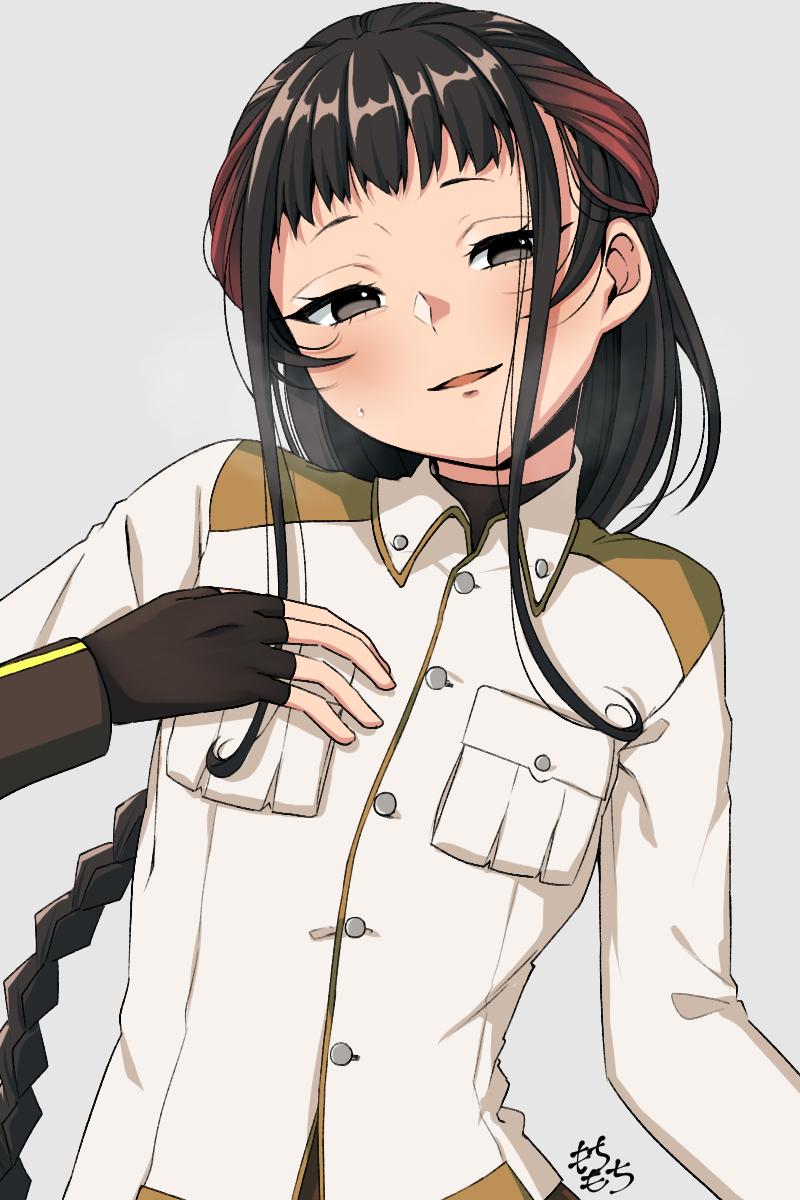 1girl artist_name black_eyes black_gloves black_hair braid breast_pocket brown_hair fingerless_gloves gloves gradient_hair grey_background hand_on_own_chest highres kantai_collection long_hair long_sleeves military military_uniform moti_coi multicolored_hair pocket shirt single_braid solo uniform upper_body white_shirt yamashio_maru_(kancolle)