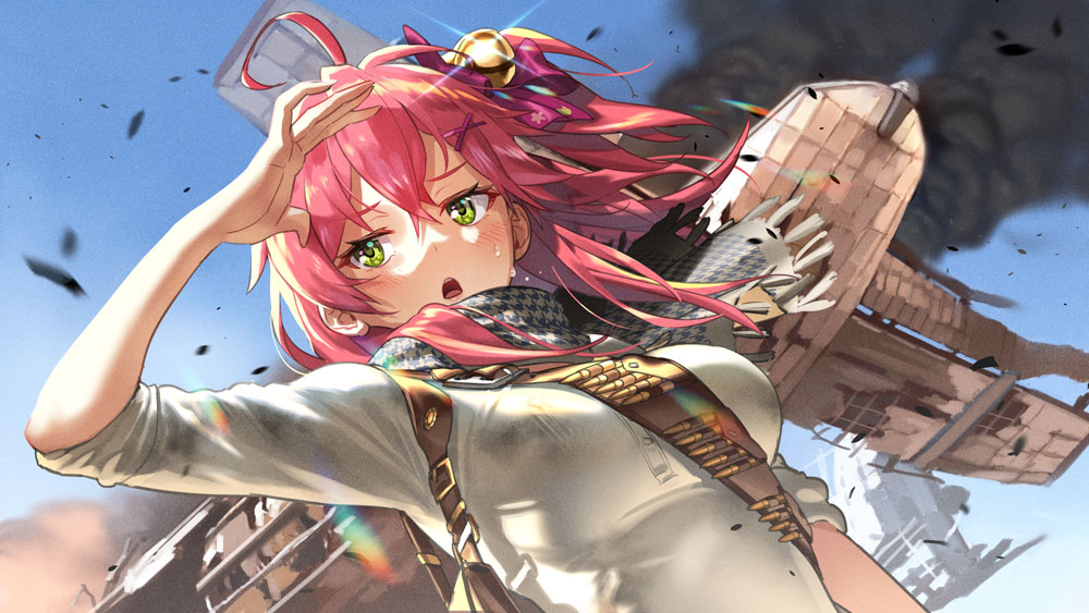 1girl ahoge arm_up bandolier bangs bell blush bow breasts green_eyes hair_bell hair_between_eyes hair_bow hair_ornament hikosan hololive jingle_bell large_breasts long_hair long_sleeves one_side_up red_bow red_hair sakura_miko scarf shading_eyes shirt sleeves_rolled_up smoke solo sweat uncharted_3 upper_body virtual_youtuber white_shirt