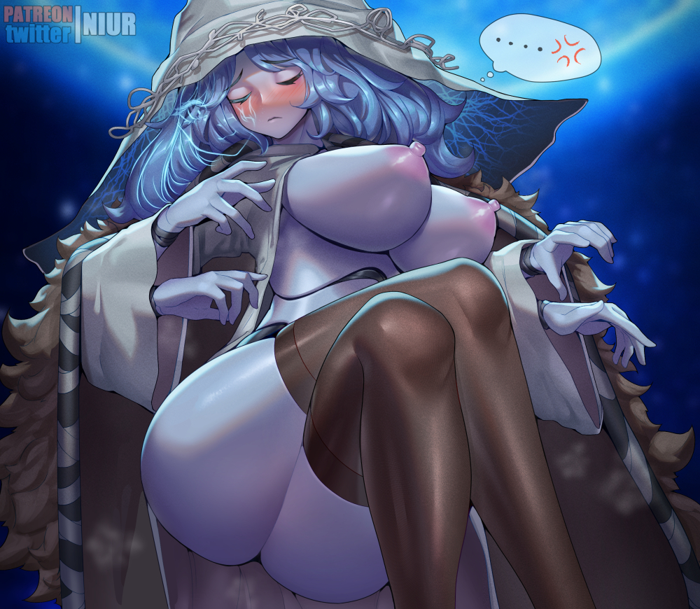 ... 1girl alternate_breast_size anger_vein artist_name blue_hair blue_skin blush breasts brown_legwear cloak closed_eyes closed_mouth colored_skin crossed_legs elden_ring extra_arms eyebrows_visible_through_hair fur_cloak hat large_breasts nipples niur ranni_the_witch short_hair sitting solo spoken_ellipsis thighhighs white_headwear witch_hat