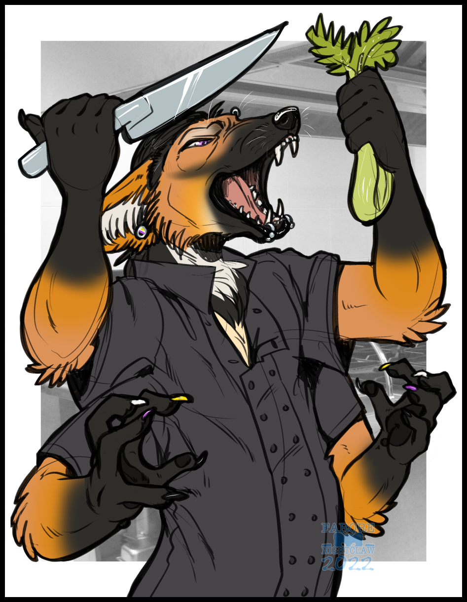 ambiguous_gender anthro black_border border canid canine celery clothing farorenightclaw food hi_res knife mammal maned_wolf multi_arm multi_limb painted_claws plant shirt solo topwear vegetable