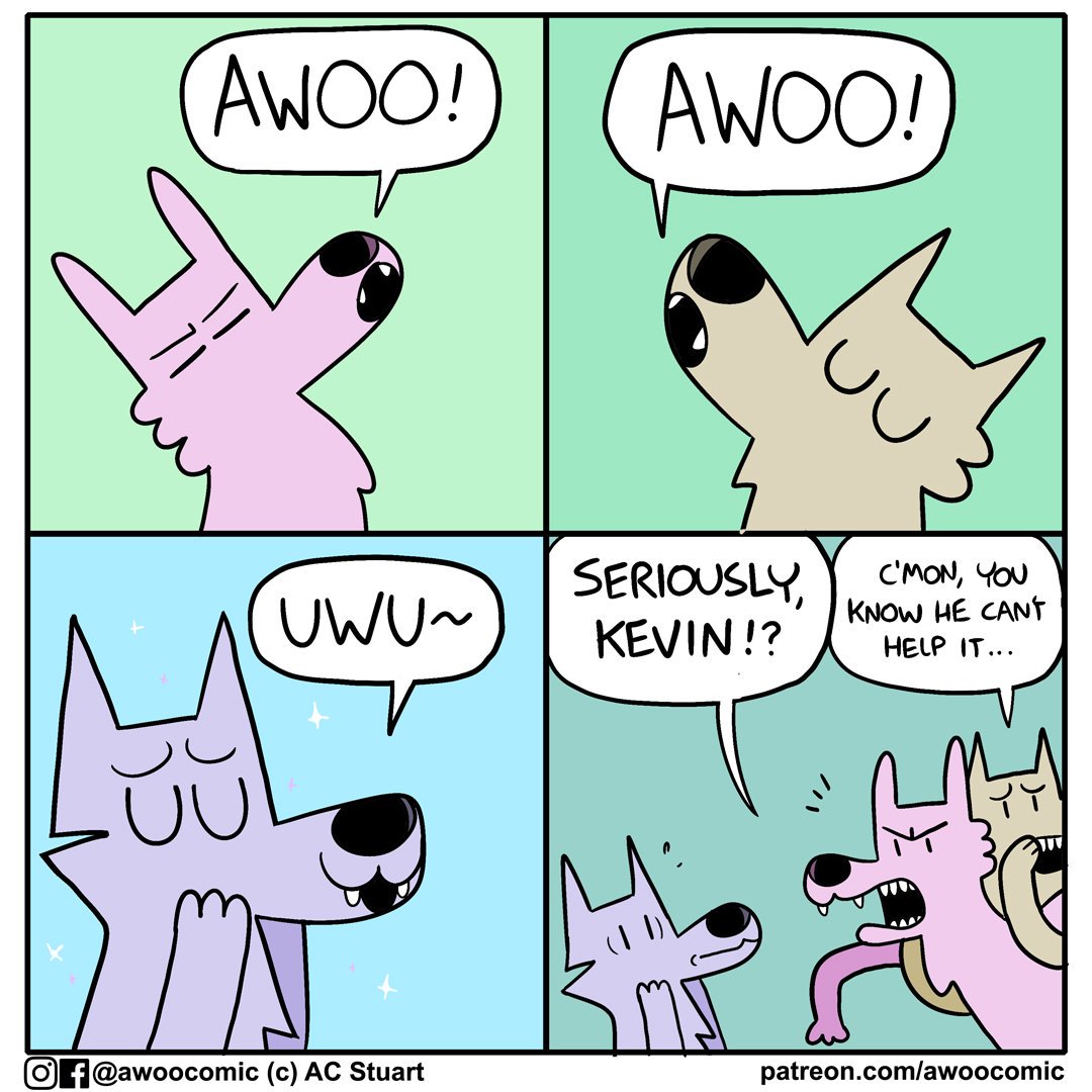 ac_stuart ambiguous_gender annoyed awoo_(ac_stuart) blue_background canid canine canis comic dialogue english_text eyebrows eyes_closed fangs feral fur green_background group howl kevin_(ac_stuart) male_(lore) mammal open_mouth pink_body pink_fur pink_wolf_(ac_stuart) simple_background sparkles speech_bubble tan_body tan_fur teeth text trio uwu wolf
