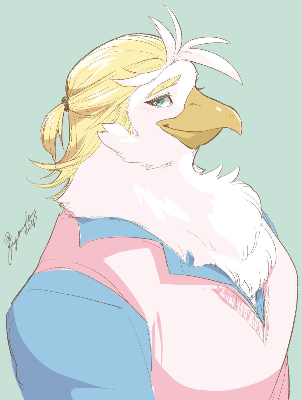 accipitrid accipitriform anthro avian beak bird blonde_hair bust_portrait eagle fuyoudo624 hair hi_res lifewonders male muscular muscular_anthro muscular_male pecs ponytail portrait solo thunderbird_(tas) tokyo_afterschool_summoners video_games