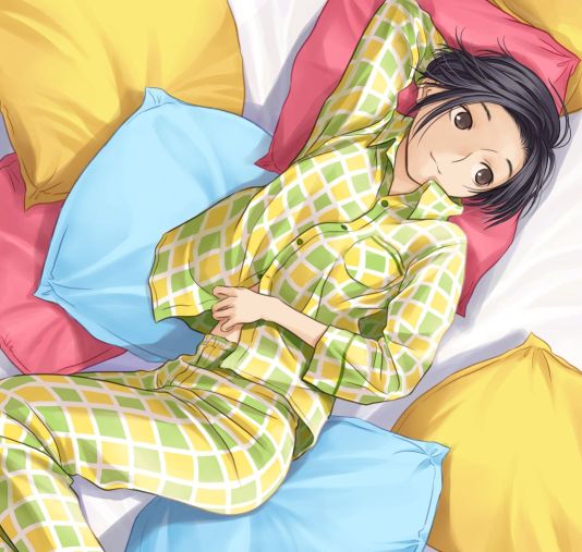 :3 arm_pillow arm_up bed_sheet black_eyes black_hair closed_mouth feet_out_of_frame from_above kobayakawa_rinko long_sleeves looking_to_the_side love_plus lying mino_tarou official_art on_back on_bed pajamas pants pillow short_hair smile solo