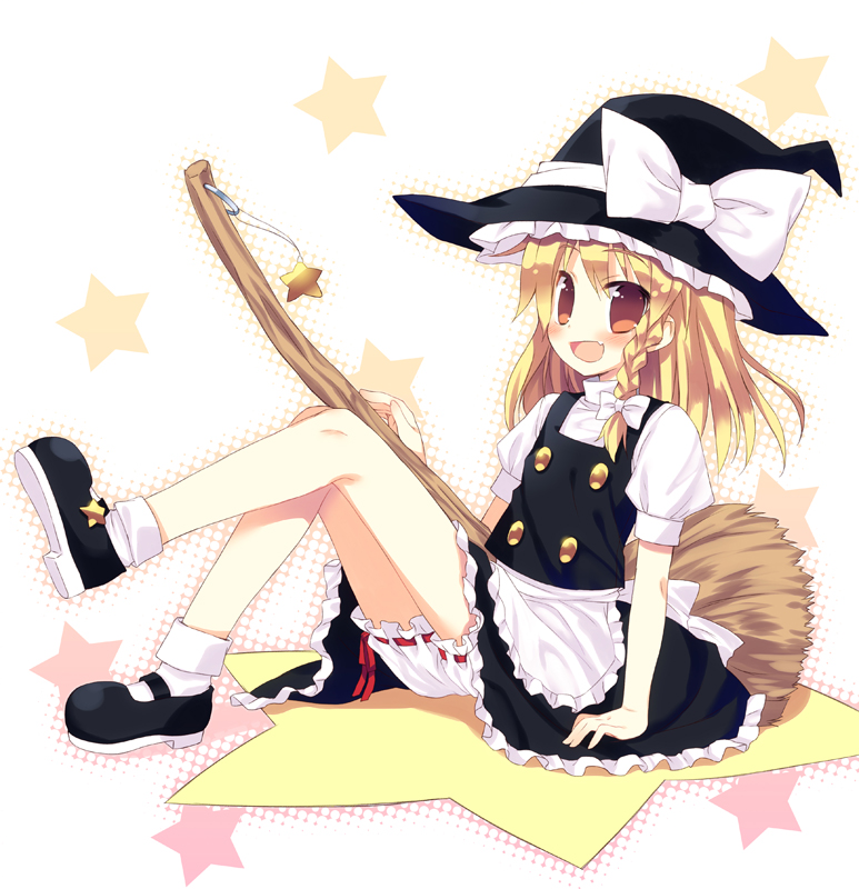 blonde_hair bloomers bow braid broom brown_eyes fang full_body hat kirisame_marisa meito_(maze) open_mouth single_braid sitting smile solo star touhou underwear witch witch_hat
