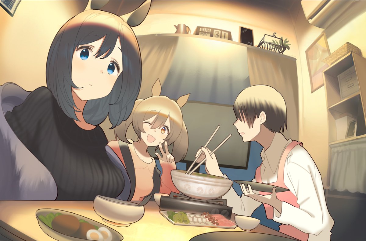 1boy 2girls :d air_conditioner animal_ears apron ashinowoto bangs black_hair black_sweater bowl breasts brown_hair chopsticks closed_mouth collared_shirt commentary_request eishin_flash_(umamusume) faceless faceless_male food hair_over_eyes holding holding_chopsticks holding_plate horse_ears hotpot indoors large_breasts long_sleeves looking_at_viewer multiple_girls new_year's_eve one_eye_closed open_mouth painting_(object) pink_shirt plate shirt sitting smart_falcon_(umamusume) smile sweat sweater table television trainer_(umamusume) twintails umamusume w white_shirt yellow_eyes