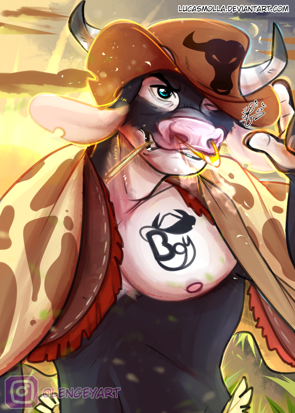 anthro bovid bovine cattle clothed clothing cowboy cowboy_hat cowboy_outfit facial_piercing hat headgear headwear hi_res horn looking_at_viewer lucasmolla male mammal morning nose_piercing piercing solo taur