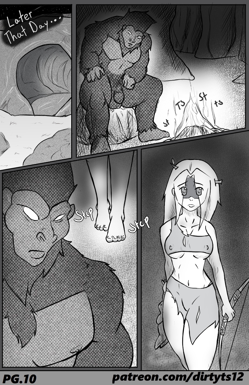 after andromorph anthro campfire cave clothing comic dark_room dirtyt's feet female feral fur genitals hi_res human humanoid hunting intersex intersex/male male male/female mammal nipples penis weapon
