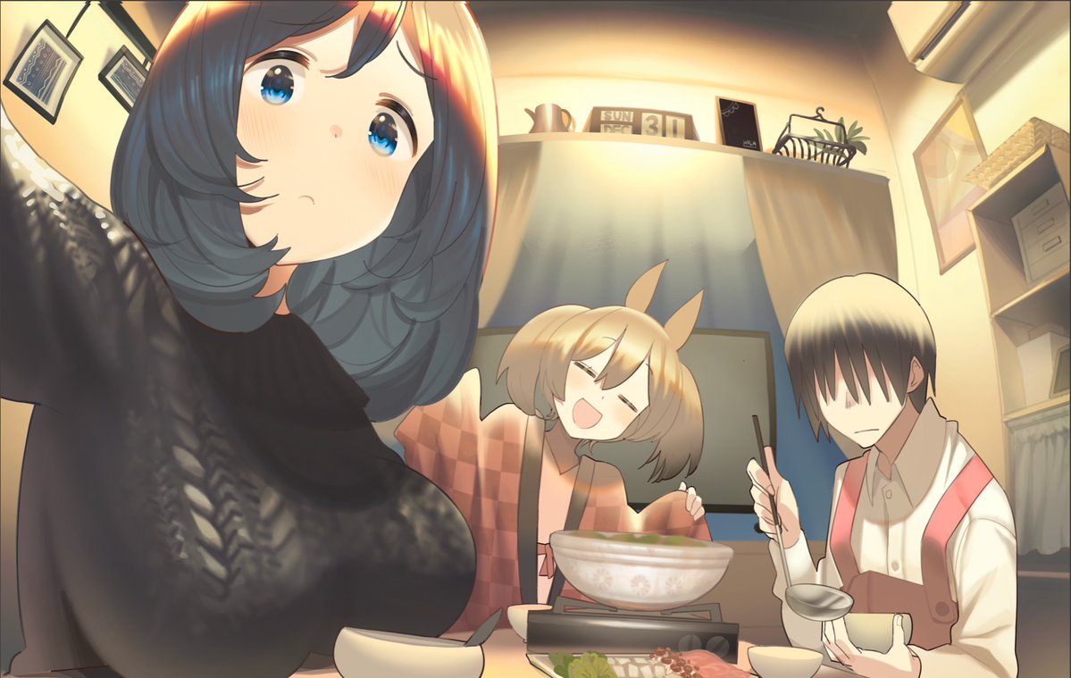 1boy 2girls :c =_= air_conditioner animal_ears apron ashinowoto black_hair black_sweater blue_eyes blush bowl breasts brown_hair closed_mouth commentary_request eishin_flash_(umamusume) faceless faceless_male frown hair_over_eyes holding holding_bowl horse_ears hotpot indoors japanese_clothes kimono ladle large_breasts looking_at_viewer medium_hair multiple_girls new_year's_eve open_mouth painting_(object) reaching_out shirt shrugging sitting smart_falcon_(umamusume) sweater table trainer_(umamusume) twintails umamusume white_shirt