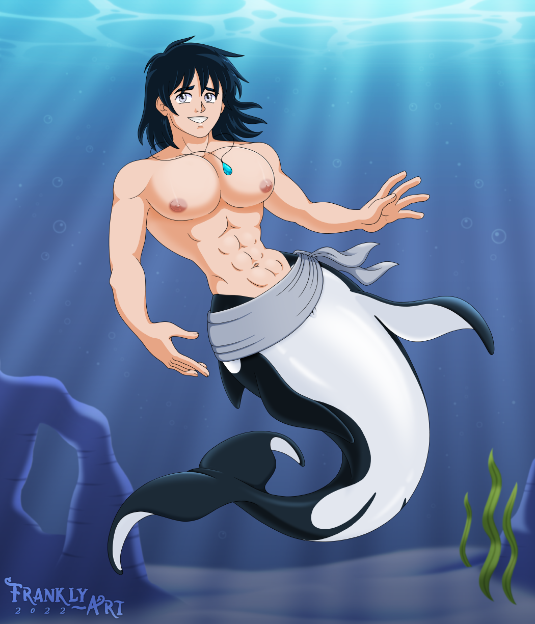 abs andromorph animal_humanoid bara_tiddies bara_tiddy barazoku belt bubble cetacean delphinoid fin frankly-art gem grey_eyes hi_res humanoid intersex jewelry male mammal marine marine_humanoid marine_taur merfolk moobs navel necklace nipples oceanic_dolphin orca rock seaweed shoulder_length_hair smile solo split_form taur toothed_whale undersea underwater waist water