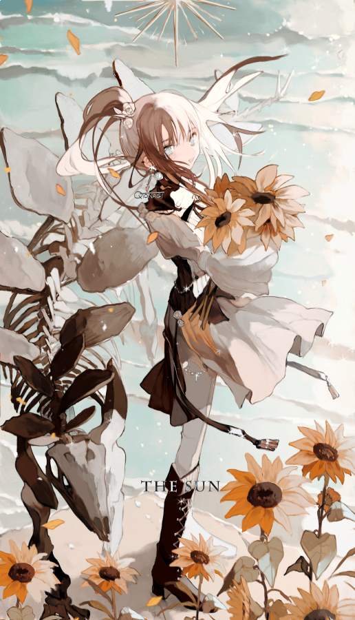 1girl asahiro bangs blue_eyes boots bouquet brown_hair cloud dinosaur dress english_text falling_petals floating_hair full_body holding holding_bouquet long_hair long_sleeves original pants petals ponytail skeleton solo standing stegosaurus sun_flower_(idolmaster) tarot the_sun_(tarot)