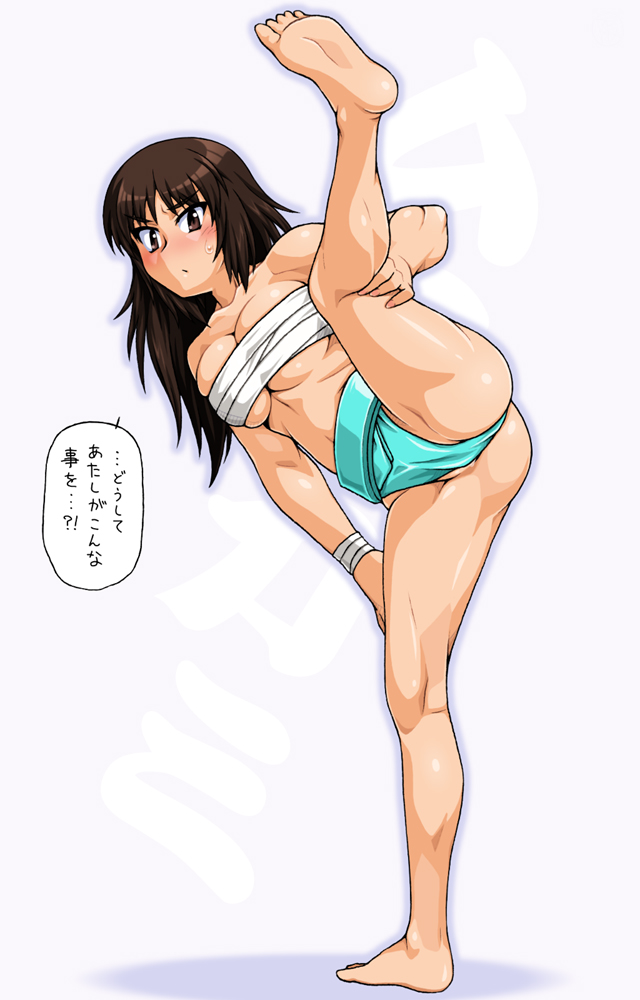 1girl ass barefoot black_hair blush breasts brown_eyes cameltoe cleavage closed_mouth collarbone eyebrows_visible_through_hair feet full_body fundoshi girls_und_panzer japanese_clothes large_breasts long_hair looking_at_viewer murakami_(girls_und_panzer) oosaka_kanagawa sarashi shiny shiny_hair shiny_skin simple_background soles solo split standing standing_on_one_leg standing_split sumo sweat translation_request underboob white_background