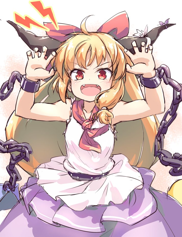 1girl ahoge bow cowboy_shot cuffs eyebrows_visible_through_hair fangs hair_bow hairbow horn_ornament horn_ribbon horns ibuki_suika isu_(is88) lightning_bolt_symbol long_hair looking_at_viewer low-tied_long_hair metal_belt neckerchief open_mouth orange_hair purple_skirt red_bow red_eyes red_neckerchief ribbon shackles shirt skirt solo standing torn_clothes torn_sleeves touhou v-shaped_eyebrows white_shirt