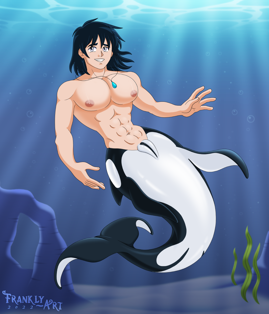 abs andromorph animal_humanoid bara_tiddies bara_tiddy barazoku bubble cetacean clitoris delphinoid fin frankly-art gem genitals grey_eyes hi_res humanoid intersex jewelry male mammal marine marine_humanoid marine_taur merfolk moobs navel necklace nipples oceanic_dolphin orca pussy rock seaweed shoulder_length_hair smile solo split_form taur toothed_whale undersea underwater waist water