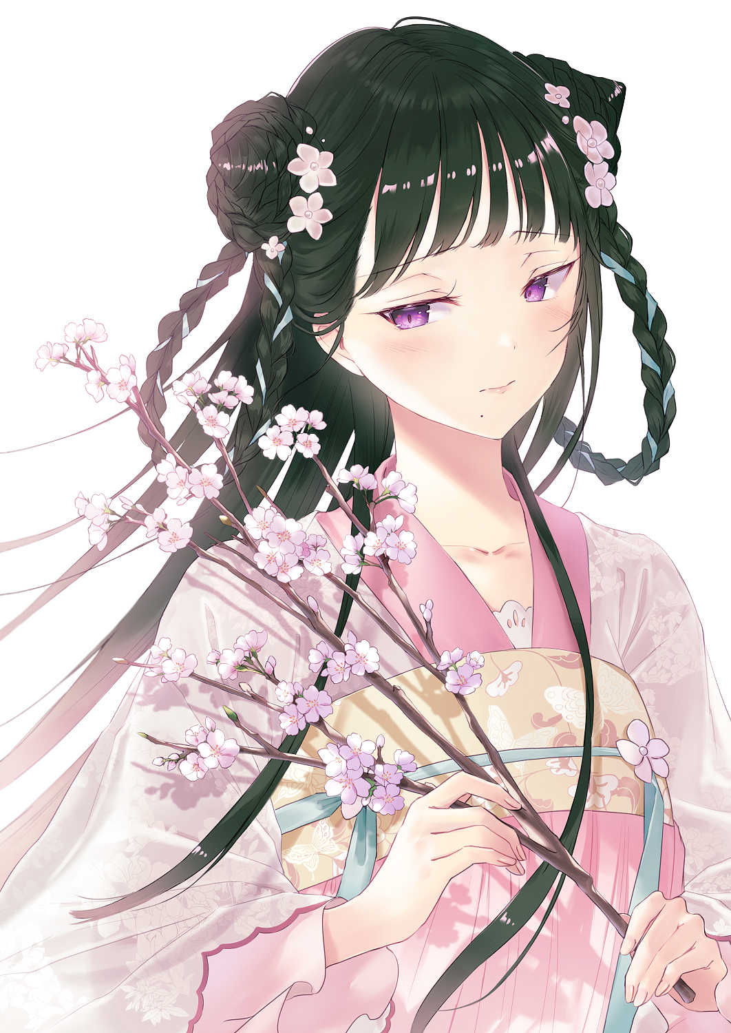 1girl bangs black_hair blunt_bangs blush braid braided_bun braided_tail cherry_blossoms chinese_clothes closed_mouth clothing_request collarbone double_bun flower hair_bun hair_flower hair_ornament hanfu highres kusaka_kou long_hair looking_to_the_side original purple_eyes solo white_background