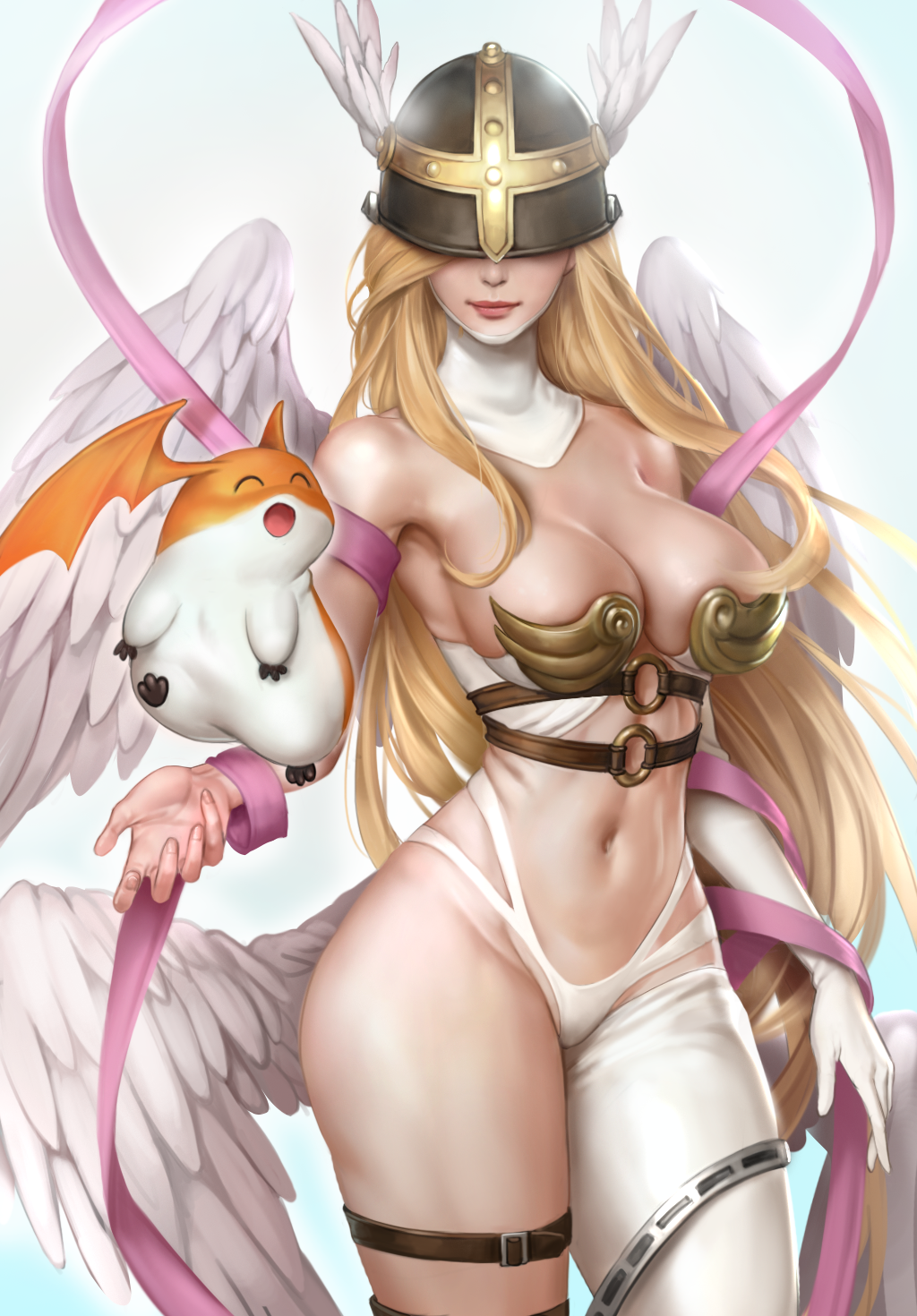 1girl angel_wings angewomon armpits asymmetrical_clothes blonde_hair breasts closed_mouth covered_eyes cowboy_shot curvy digimon feathered_wings gloves helmet highres kangagi97 large_breasts long_hair multiple_wings navel patamon revealing_clothes single_glove smile thigh_strap very_long_hair winged_helmet wings