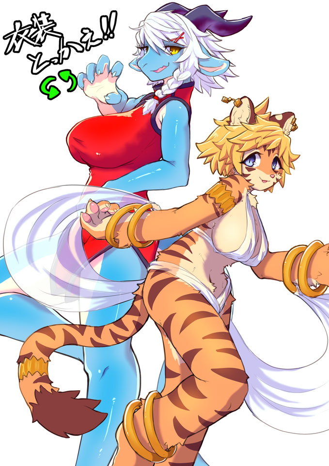 2019 5_fingers accessory alternate_costume anklet anthro armlet asian_clothing bare_shoulders barefoot big_breasts biped blonde_hair blue_body blue_eyes blue_skin bottomwear bracelet braided_hair braided_ponytail breasts brown_body brown_ears brown_fur brown_stripes brown_tail chinese_clothing chinese_dress claws cleavage clothed clothing clothing_swap countershade_face countershade_hands countershade_legs countershade_torso countershading digital_media_(artwork) dipstick_tail directional_arrow dragon dress duo ear_piercing ear_ring east_asian_clothing eyebrow_through_hair eyebrows facial_markings feet felid female finger_claws fingers fully_clothed fuo_(hanadaiteol) fur furgonomics hair hair_accessory hairclip hanadaiteol head_markings horn japanese_text jewelry kemono looking_at_viewer mammal markings medium_breasts monotone_eyes monotone_hair multicolored_body multicolored_ears multicolored_fur multicolored_skin navel nere open_mouth orange_body orange_fur orange_tail pantherine pawpads piercing pink_nose pink_pawpads pupils purple_horn raised_leg red_clothing red_dress side_boob side_slit simple_background skimpy sleeveless sleeveless_dress slit_pupils smile smiling_at_viewer striped_arms striped_face striped_legs striped_markings striped_tail stripes tail_accessory tail_markings tan_body tan_countershading tan_ears tan_fur tan_inner_ear text tiger topwear translucent translucent_hair two_tone_body two_tone_ears two_tone_skin two_tone_tail white_background white_body white_bottomwear white_clothing white_countershading white_hair white_inner_ear white_skin white_topwear wingless_dragon wraps yellow_eyes
